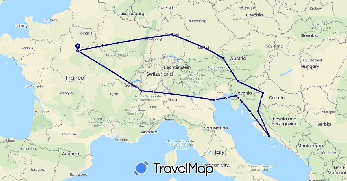 TravelMap itinerary: driving in Germany, France, Croatia, Italy, Slovenia (Europe)